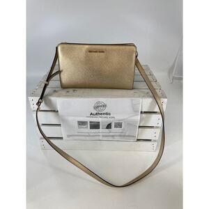 MICHAEL KORS, SMALL GOLD SAFFIANO LEATHER CROSSBODY BAG